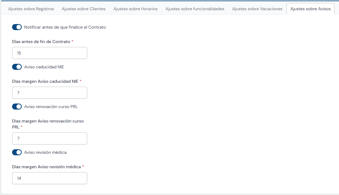 ajustes sobre avisos
